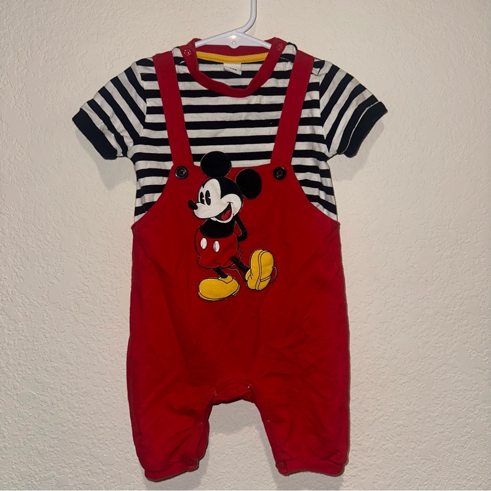 Disney Baby 6-12 months Mickey Mouse Outfit. Striped shirt/attached overalls